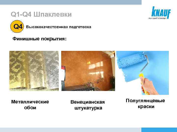 Q 1 -Q 4 Шпаклевки Q 4 Высококачественная подготовка Финишные покрытия: Металлические обои Венецианская