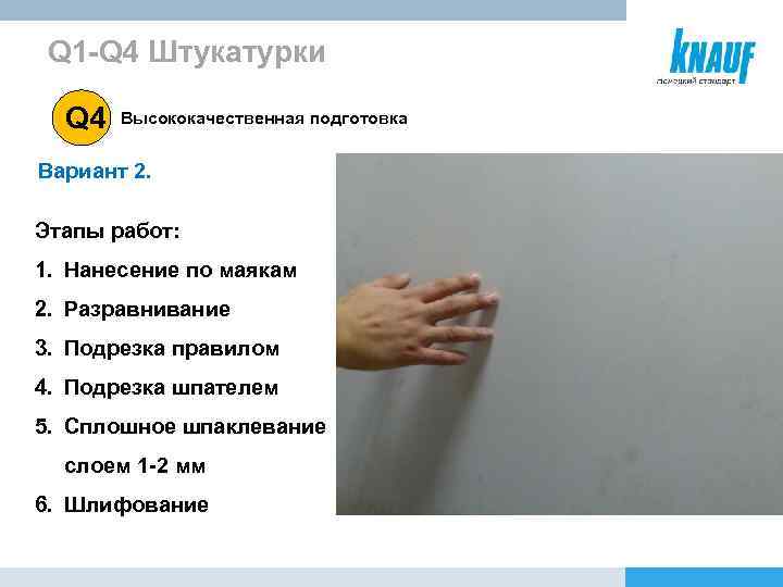 Q 1 -Q 4 Штукатурки Q 4 Высококачественная подготовка Вариант 2. Этапы работ: 1.