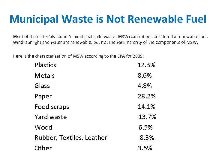 Municipal Waste is Not Renewable Fuel Most of the materials found in municipal solid