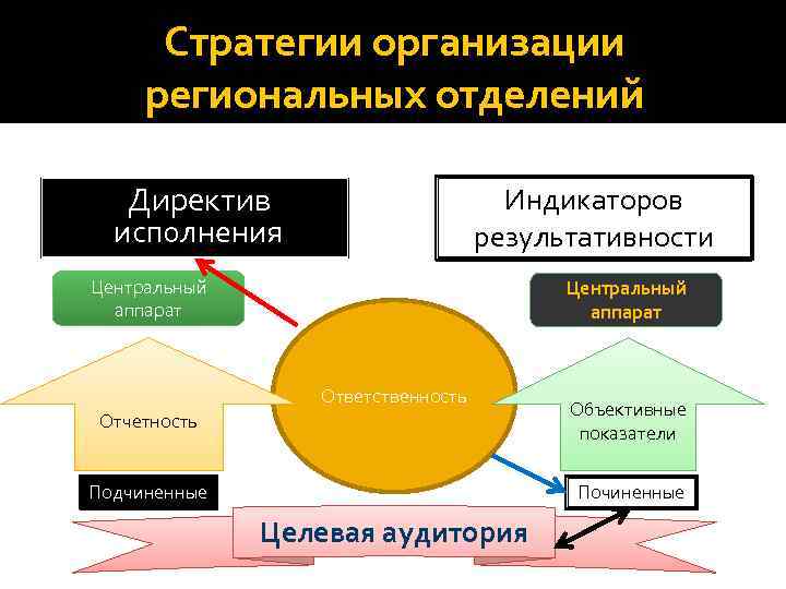 Стратегии организации региональных отделений Директив исполнения Индикаторов результативности Центральный аппарат Ответственность Отчетность Объективные показатели