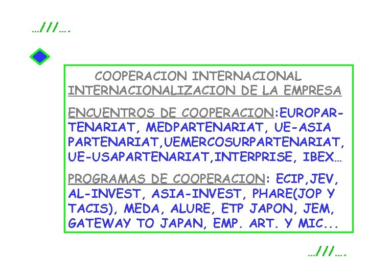 …///…. COOPERACION INTERNACIONALIZACION DE LA EMPRESA ENCUENTROS DE COOPERACION: EUROPARTENARIAT, MEDPARTENARIAT, UE-ASIA PARTENARIAT, UEMERCOSURPARTENARIAT,