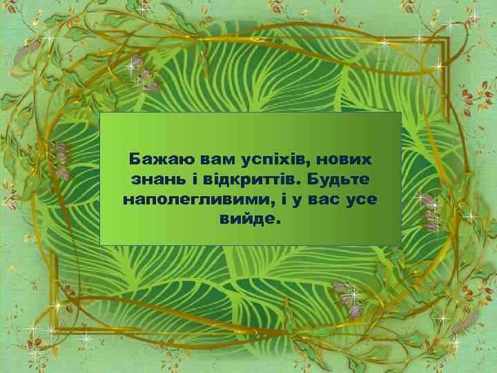 Бажаю вам успіхів, нових знань і відкриттів. Будьте наполегливими, і у вас усе вийде.