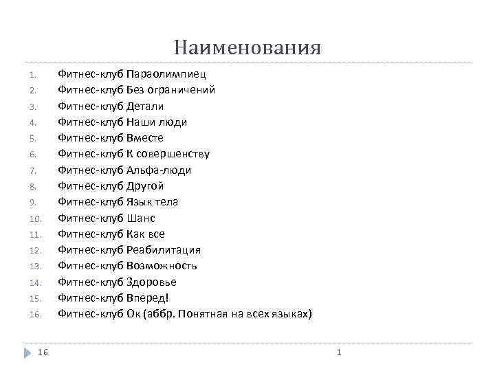 Наименования 1. 2. 3. 4. 5. 6. 7. 8. 9. 10. 11. 12. 13.