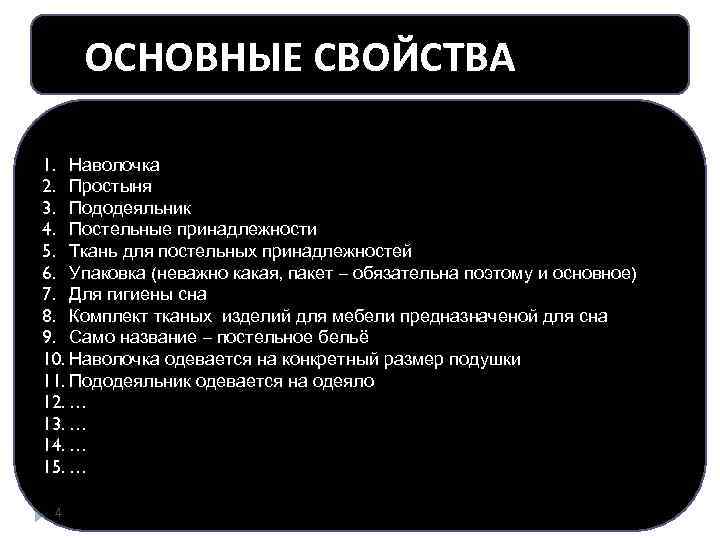 ОСНОВНЫЕ СВОЙСТВА 1. Наволочка 2. Простыня 3. Пододеяльник 4. Постельные принадлежности 5. Ткань для