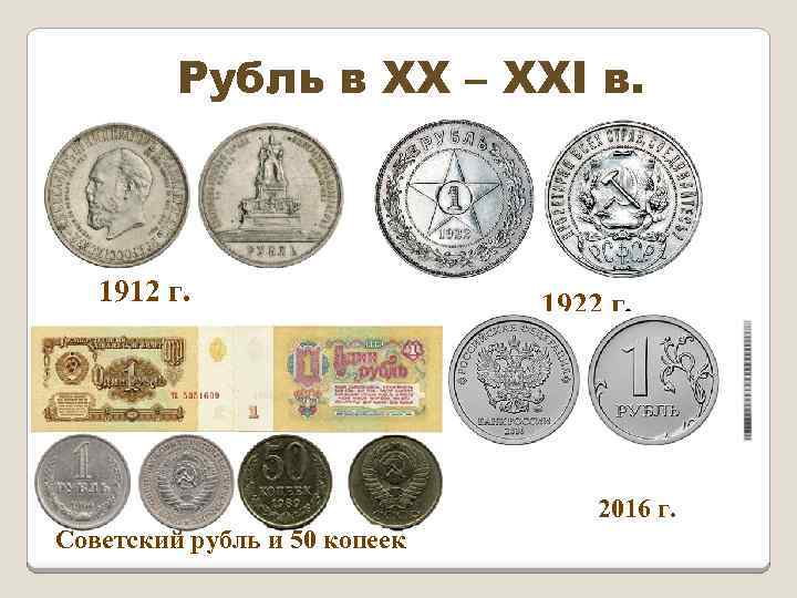 Рубль в XX – XXI в. 1912 г. 1922 г. 2016 г. Советский рубль