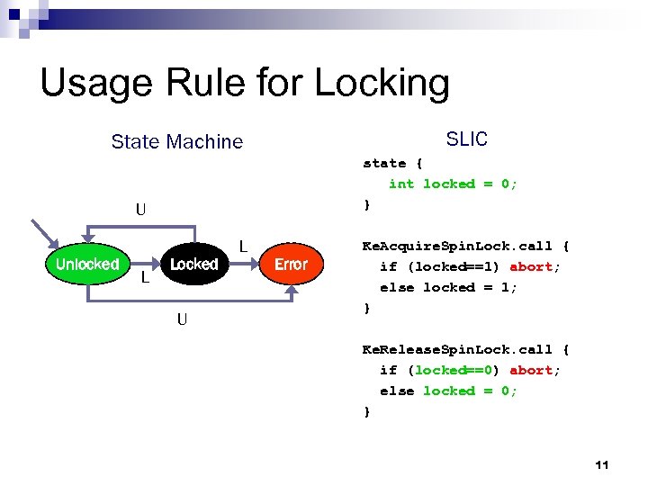 Usage Rule for Locking SLIC State Machine state { int locked = 0; }