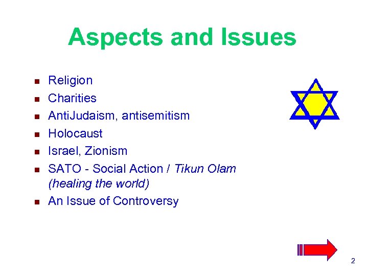 Aspects and Issues n n n n Religion Charities Anti. Judaism, antisemitism Holocaust Israel,