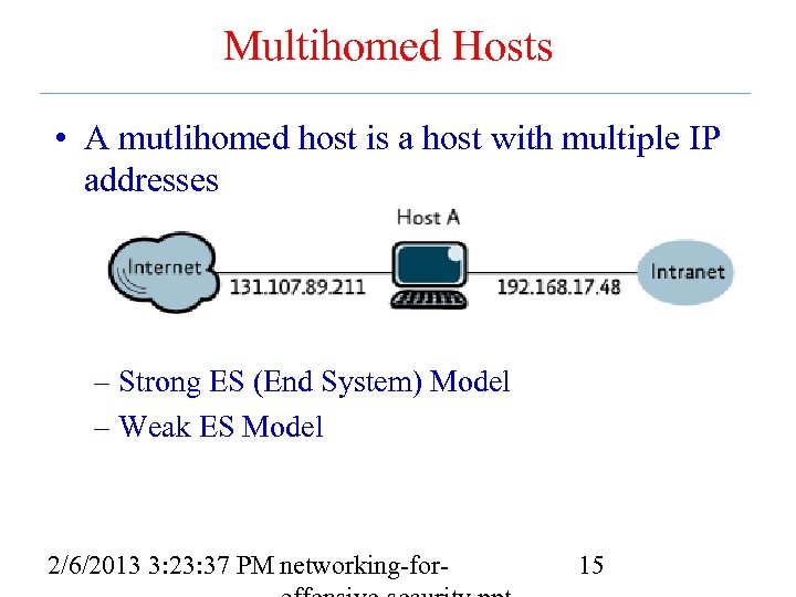 Multihomed Hosts • A mutlihomed host is a host with multiple IP addresses –