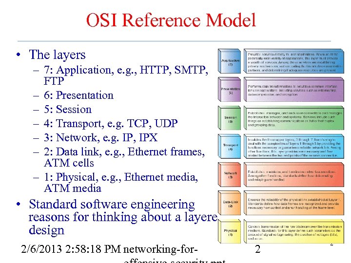 OSI Reference Model • The layers – 7: Application, e. g. , HTTP, SMTP,