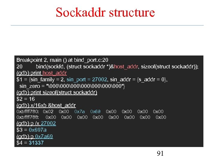 Sockaddr structure Breakpoint 2, main () at bind_port. c: 20 20 bind(sockfd, (struct sockaddr