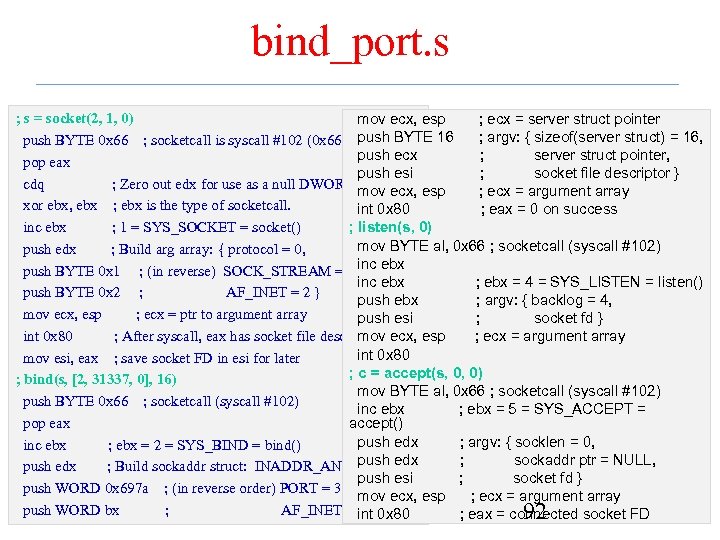 bind_port. s ; s = socket(2, 1, 0) mov ecx, esp ; ecx =