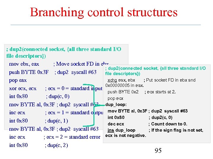 Branching control structures ; dup 2(connected socket, {all three standard I/O file descriptors}) mov