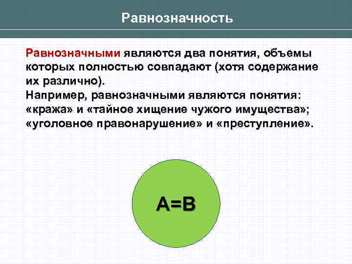 Равнозначность Равнозначными являются два понятия, объемы которых полностью совпадают (хотя содержание их различно). Например,