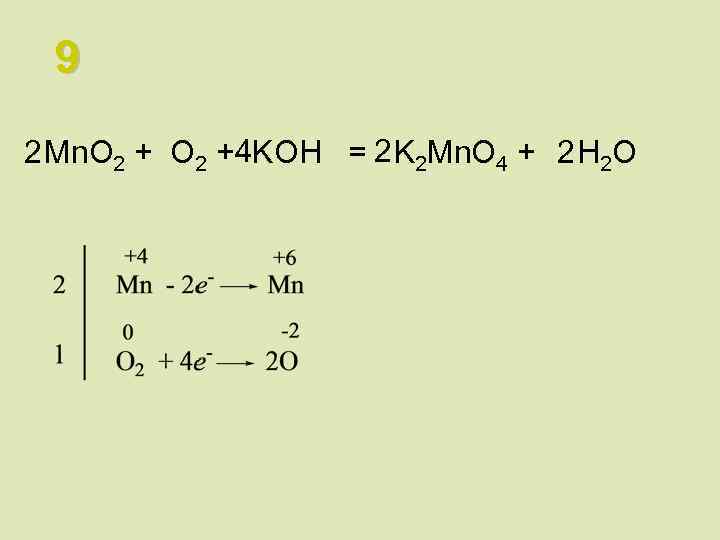 9 2 Mn. O 2 +4 KOH = 2 K 2 Mn. O 4