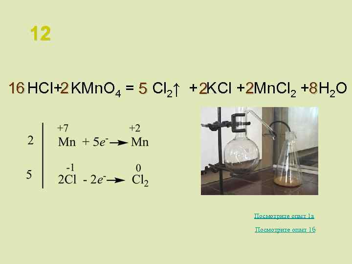 12 16 HCl+2 KMn. O 4 = 5 Cl 2↑ + 2 KCl +2