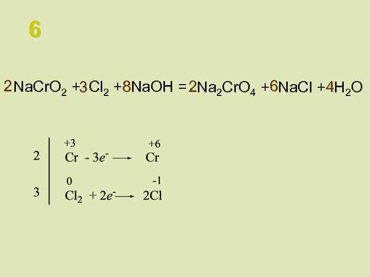 6 2 Na. Cr. O 2 +3 Cl 2 +8 Na. OH = 2