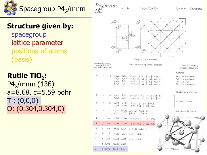 Spacegroup P 42/mnm Structure given by: spacegroup lattice parameter positions of atoms (basis) Rutile