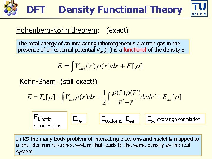 DFT Density Functional Theory Hohenberg-Kohn theorem: (exact) The total energy of an interacting inhomogeneous