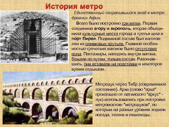 История метро Единственный сохранившийся вход в метро древних Афин. Всего было построено три ветки.