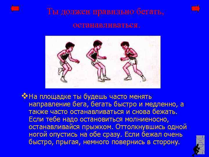 Ты должен правильно бегать, останавливаться. v На площадке ты будешь часто менять направление бега,