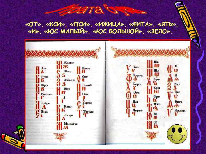  «ОТ» , «КСИ» , «ПСИ» , «ИЖИЦА» , «ФИТА» , «ЯТЬ» , «И»