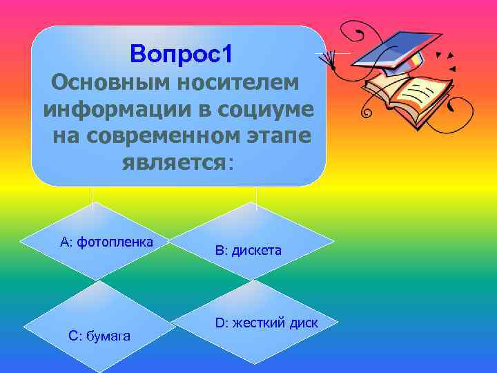 Вопрос1 Основным носителем информации в социуме на современном этапе является: А: фотопленка С: бумага