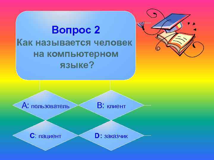 Вопрос 2 Как называется человек на компьютерном языке? А: пользователь B: клиент C: пациент