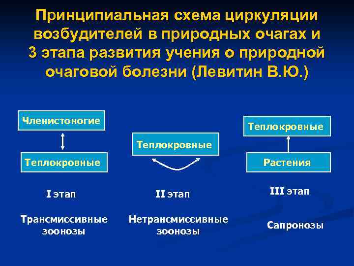 Принципиальная схема циркуляции возбудителей в природных очагах и 3 этапа развития учения о природной