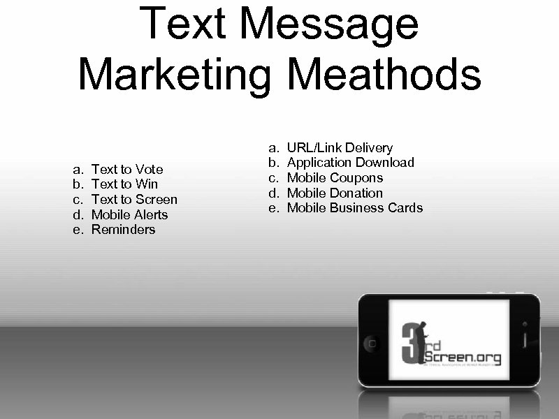 Text Message Marketing Meathods a. b. c. d. e. Text to Vote Text to