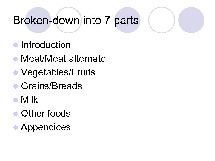 Broken-down into 7 parts l Introduction l Meat/Meat alternate l Vegetables/Fruits l Grains/Breads l