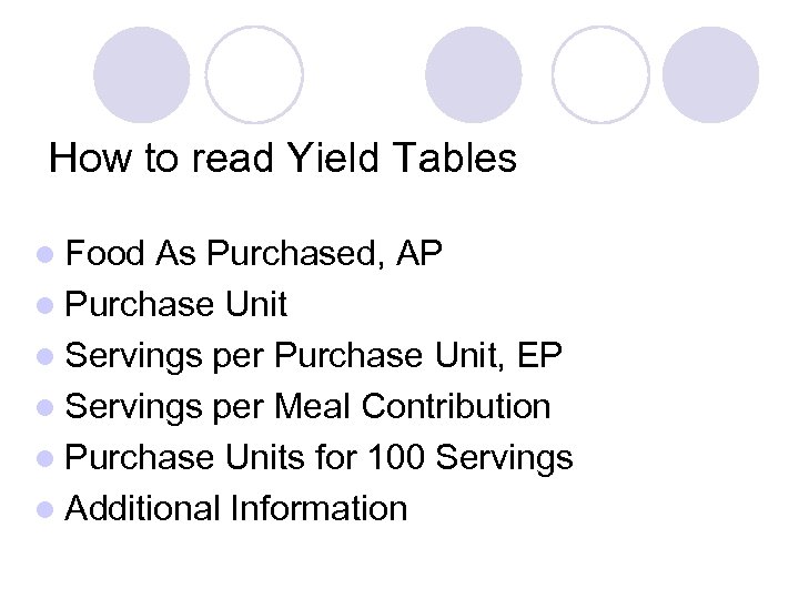 How to read Yield Tables l Food As Purchased, AP l Purchase Unit l