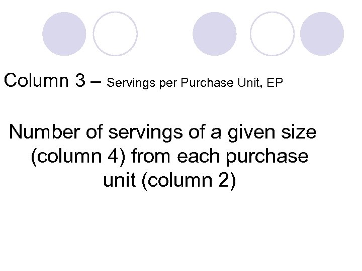 Column 3 – Servings per Purchase Unit, EP Number of servings of a given