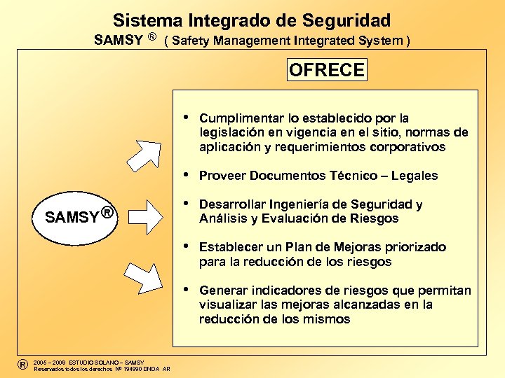Sistema Integrado de Seguridad ® SAMSY ( Safety Management Integrated System ) OFRECE •