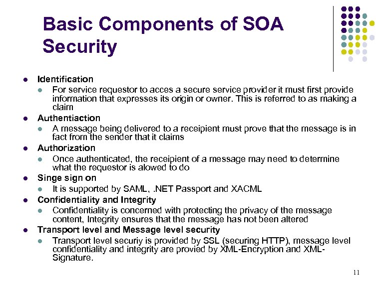 Basic Components of SOA Security l l l Identification l For service requestor to