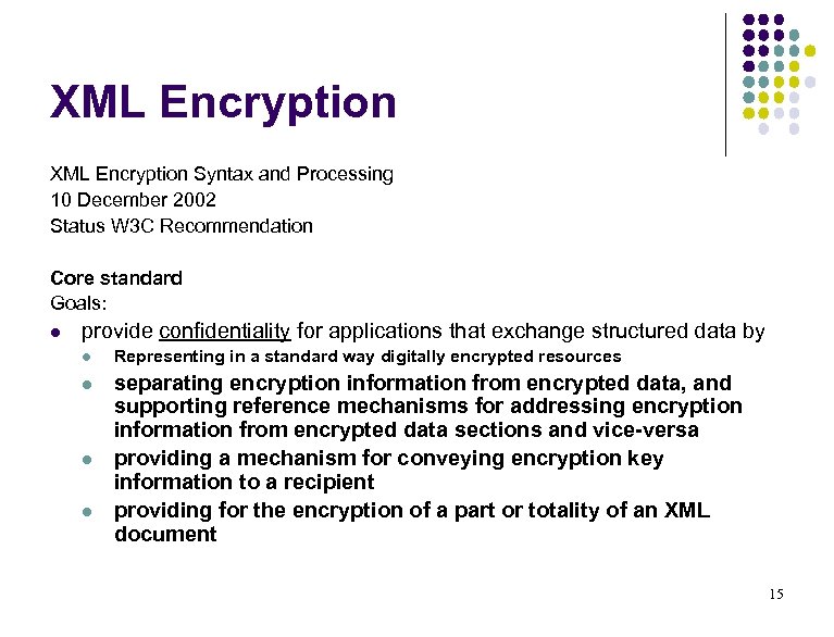 XML Encryption Syntax and Processing 10 December 2002 Status W 3 C Recommendation Core