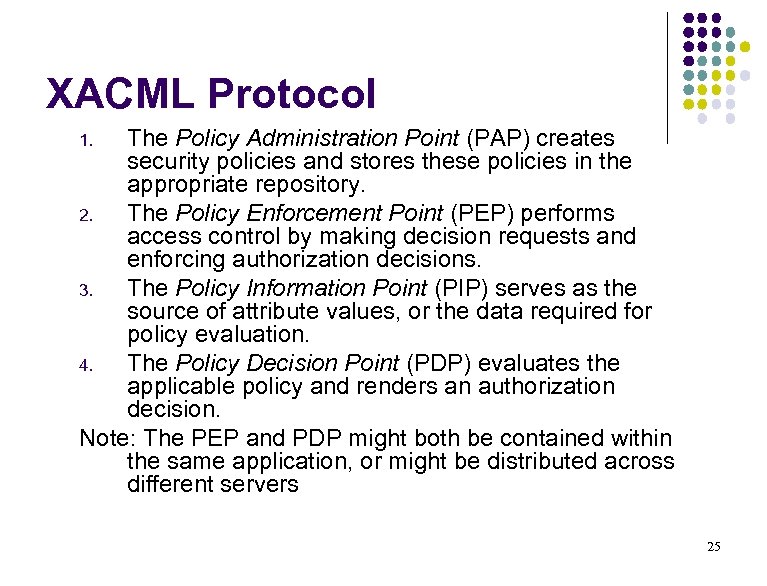 XACML Protocol The Policy Administration Point (PAP) creates security policies and stores these policies