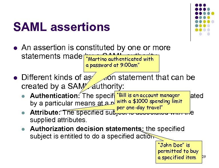 SAML assertions l An assertion is constituted by one or more statements made by