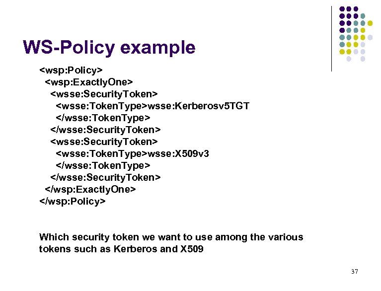 WS-Policy example <wsp: Policy> <wsp: Exactly. One> <wsse: Security. Token> <wsse: Token. Type>wsse: Kerberosv