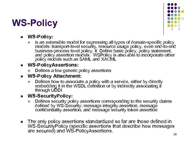 WS-Policy l WS-Policy: l l WS-Policy. Assertions: l l Defines how to associate a