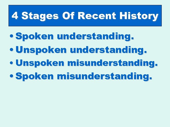 4 Stages Of Recent History • Spoken understanding. • Unspoken misunderstanding. • Spoken misunderstanding.