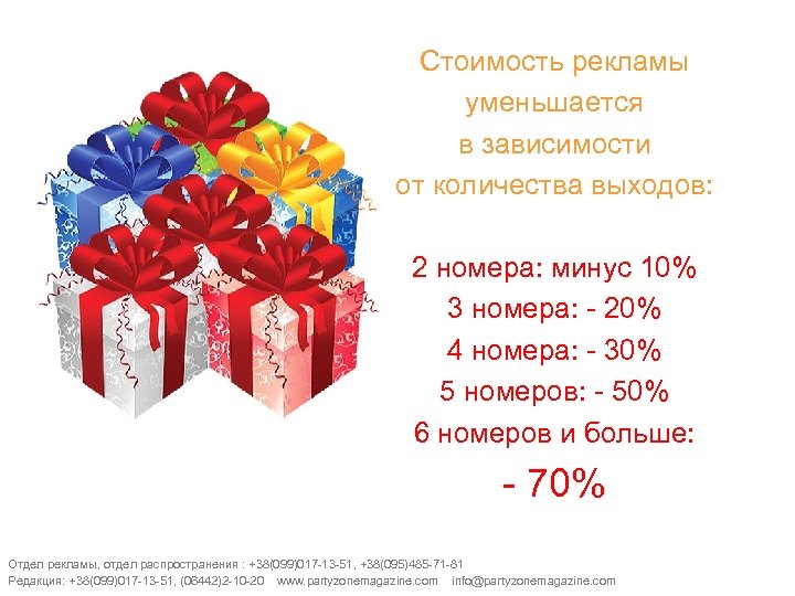 Стоимость рекламы уменьшается в зависимости от количества выходов: 2 номера: минус 10% 3 номера: