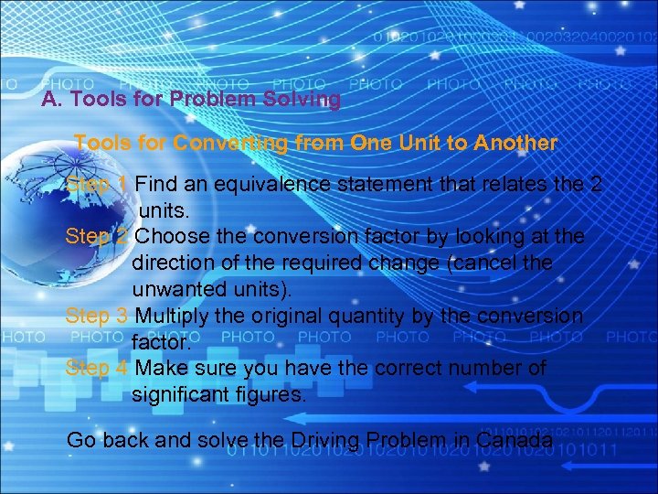 A. Tools for Problem Solving Tools for Converting from One Unit to Another Step