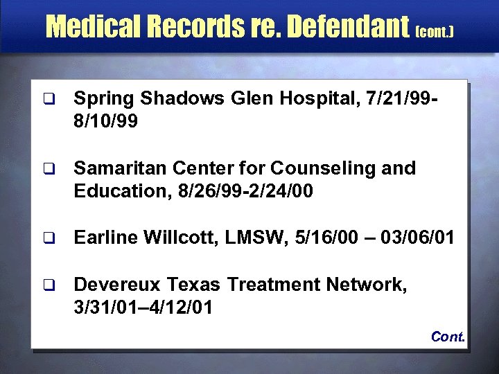 Medical Records re. Defendant (cont. ) q Spring Shadows Glen Hospital, 7/21/998/10/99 q Samaritan
