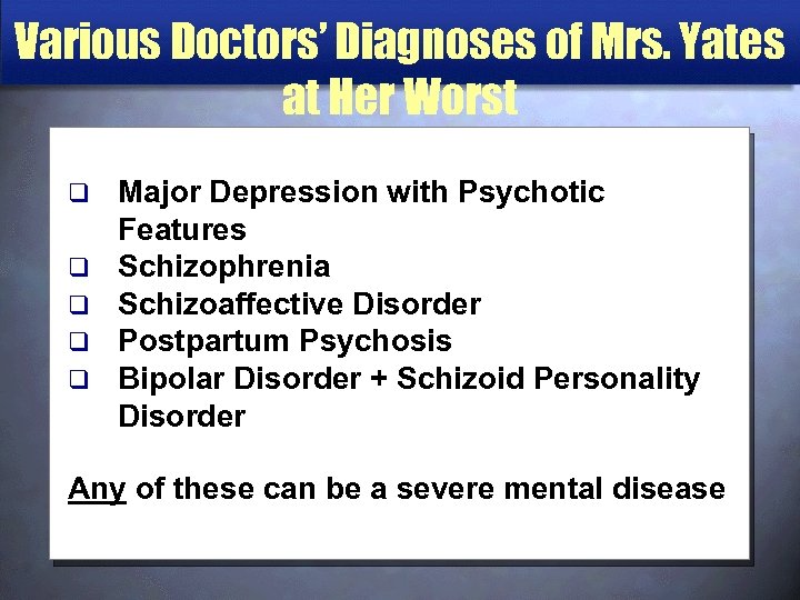 Various Doctors’ Diagnoses of Mrs. Yates at Her Worst q q q Major Depression
