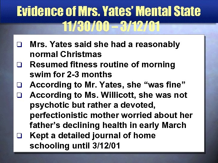 Evidence of Mrs. Yates’ Mental State 11/30/00 – 3/12/01 q q q Mrs. Yates