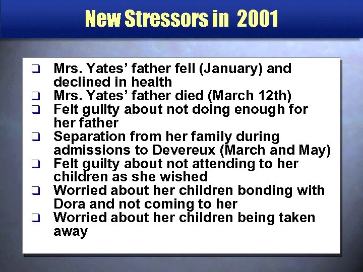 New Stressors in 2001 q q q q Mrs. Yates’ father fell (January) and