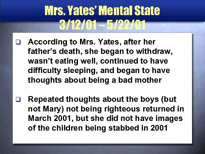 Mrs. Yates’ Mental State 3/12/01 – 5/22/01 q According to Mrs. Yates, after her