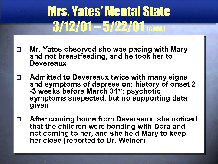 Mrs. Yates’ Mental State 3/12/01 – 5/22/01 (cont. ) q Mr. Yates observed she