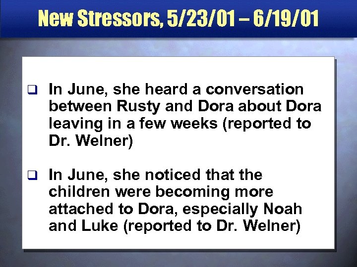 New Stressors, 5/23/01 – 6/19/01 q In June, she heard a conversation between Rusty