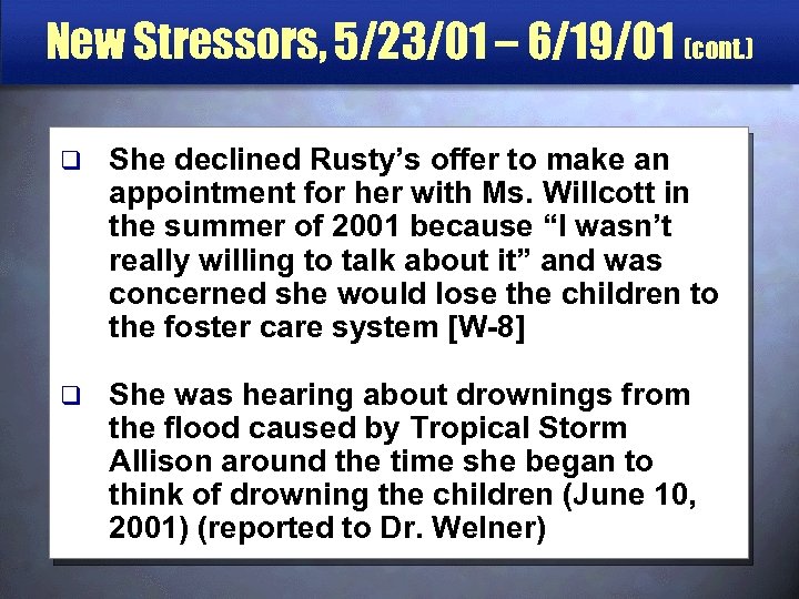 New Stressors, 5/23/01 – 6/19/01 (cont. ) q She declined Rusty’s offer to make